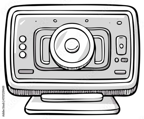 Hand drawn cartoon illustration of a modern webcam with a round lens and multiple buttons on a stand