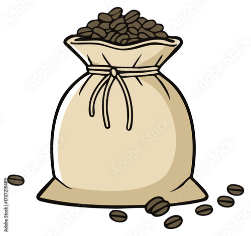 Coffee beans overflowing from a beige burlap sack illustration