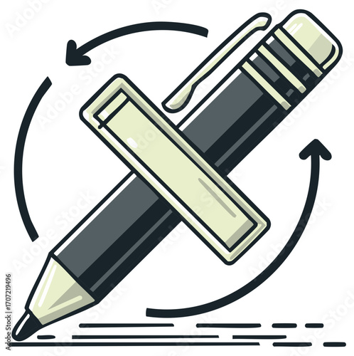 Pen icon with crossed mark and circular arrows symbolizing document editing revision or undo