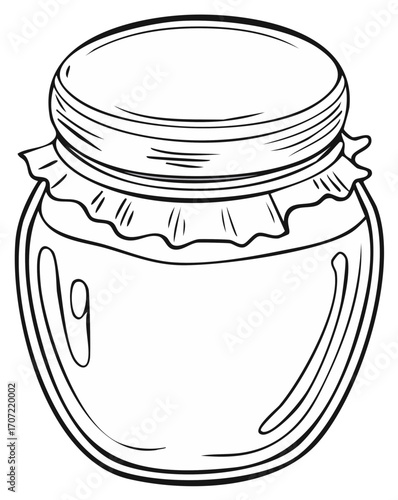 Detailed line art drawing of a glass preserve jar with a lid and charming fabric cover