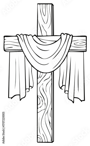 Symbolic wooden Christian cross with draped fabric representing Easter, sacrifice, and resurrection