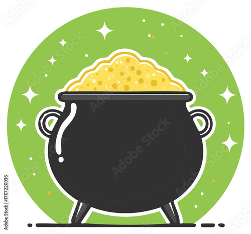 Cartoon Pot of Gold with Green Circle and Stars Festive St Patricks Day Illustration