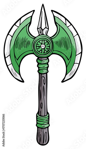 Green Fantasy Battle Axe Double Bladed with Top Spear Point Weapon Illustration