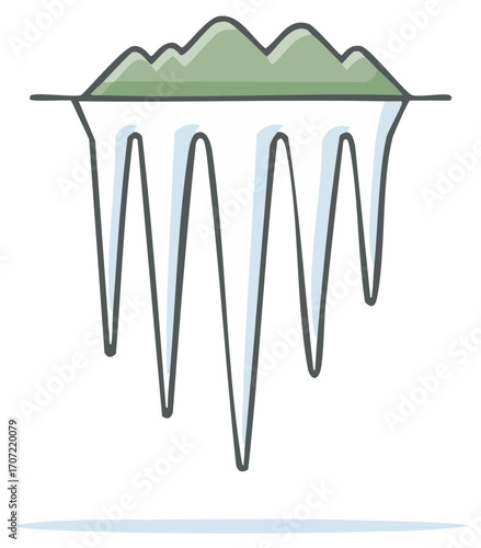Hand drawn illustration of a simple iceberg with green mountains above water
