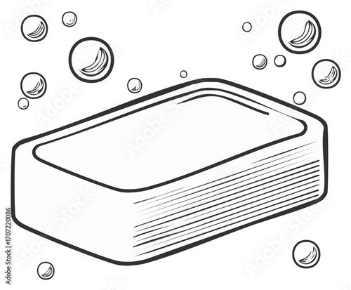 Sketch of a Soap Bar with Bubbles in a Clean White Background for Hygiene and Health Concepts