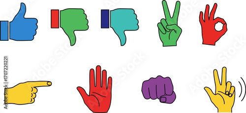 Collection of colorful hand gestures representing likes, dislikes, and communication signals