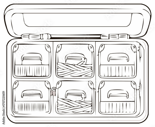 Line art illustration of an open utility box with organized compartments and contents