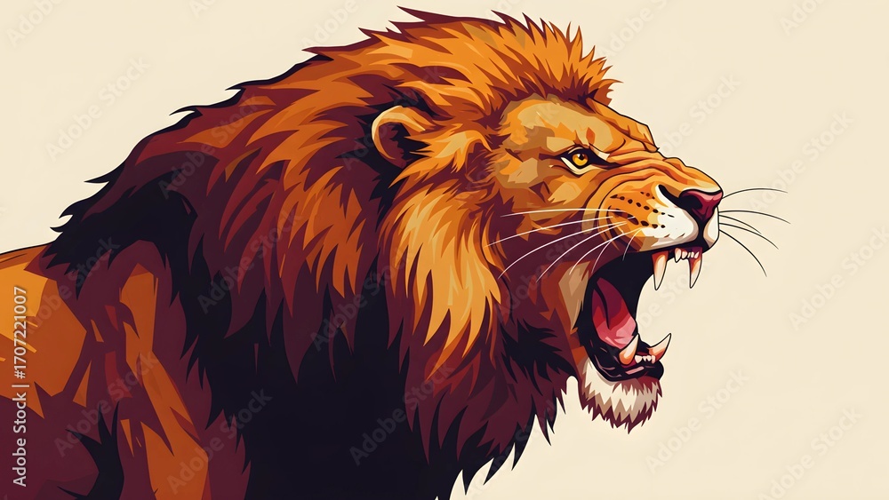 Fototapeta premium Fierce roaring lion head illustration with golden mane isolated on beige background