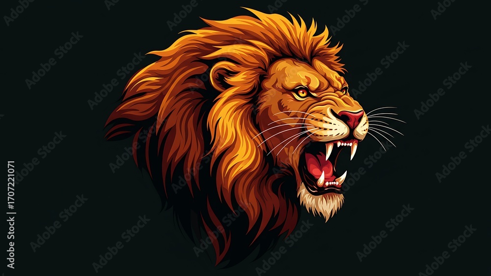 Naklejka premium Majestic roaring lion head with dark mane illustration isolated on black background