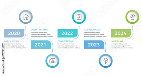 Business timeline infographic with circular icons with 5 elements