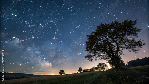 A starry night sky over a field with a tree silhouette in the foreground