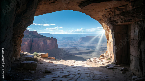 Sunlight streams through a cave entrance, illuminating a vast canyon landscape