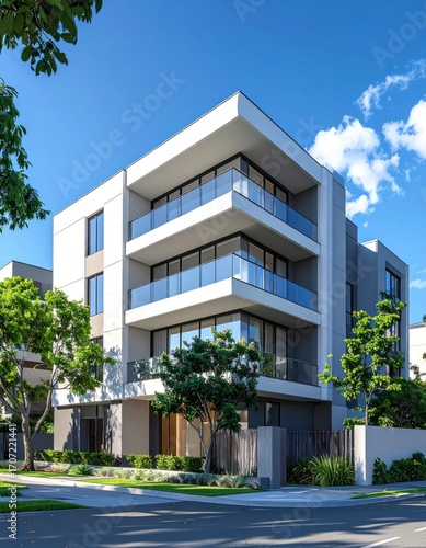 Modern three-story apartment building with glass balconies, set against a blue sky, surrounded by greenery