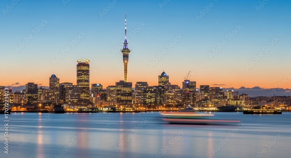 Naklejka premium City Skyline with Illuminated Buildings and Tower at Sunset over Calm Water