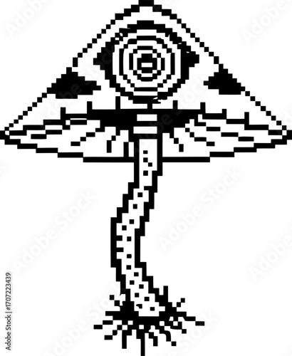 pixel art psychedelic mushroom with spiral eye cap, hypnotic retro design, black and white abstract fungus illustration