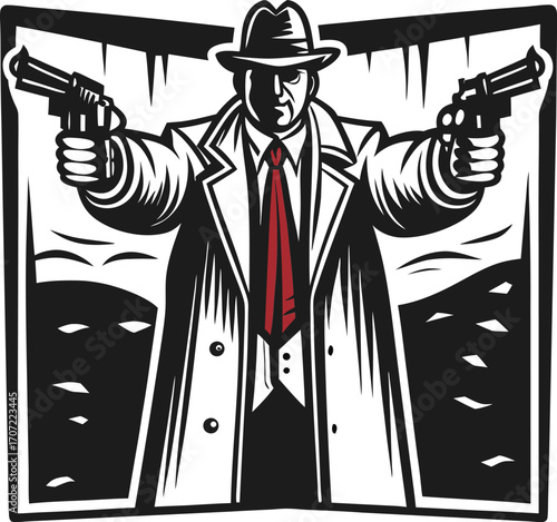 Vintage noir gangster with dual pistols, trench coat, and fedora retro crime figure illustration, classic underworld