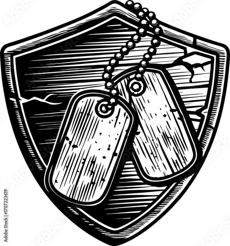 Military dog tags hanging in front of cracked shield war veteran symbol, honor, sacrifice, bravery, defense emblem