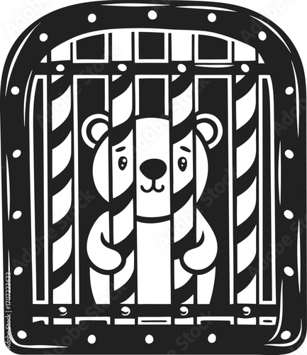 Sad bear behind metal bars in animal cage wildlife captivity, zoo enclosure, animal rights illustration