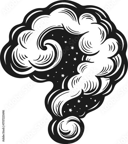 Mystical cloud in question mark shape with stars cosmic confusion, uncertainty and thought under night sky illustration