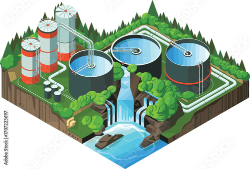 Isometric 3D illustration of modern eco-friendly water treatment plant, wastewater purification facility, clean energy infrastructure, environmental technology system