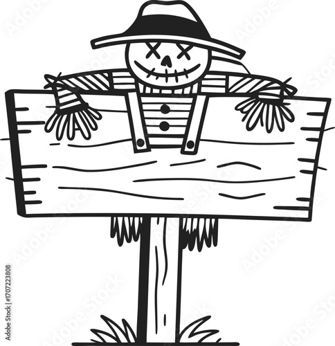 Scarecrow holding rustic blank wooden sign for fall harvest announcement, hand drawn outline, autumn decoration concept
