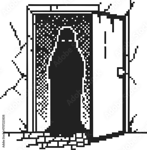 mysterious shadow figure standing in dark doorway spooky silhouette, eerie atmosphere, horror, suspense, pixel art