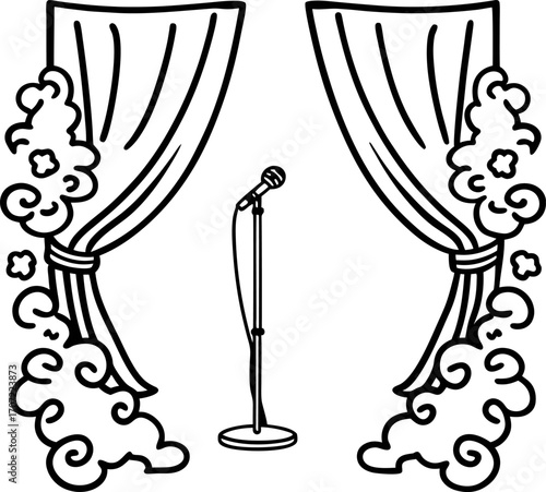Stage with microphone and open curtains performance speech theater scene, empty platform ready for event or presentation