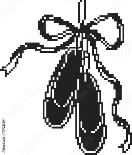 Classic ballet pointe shoes tied with a delicate ribbon, black and white pixel art artistic dance symbol, minimalist retro