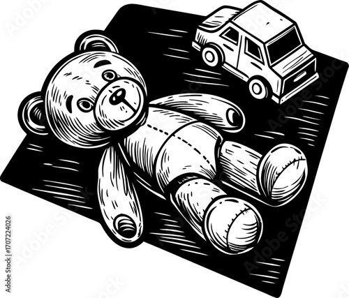 Vintage plush bear and toy car on blanket hand drawn childhood nostalgia, children's comfort objects, retro playtime concept