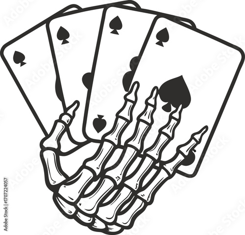 Skeleton hand holding four spade playing cards, ace to jack gothic gambling concept, spooky poker illustration on white background