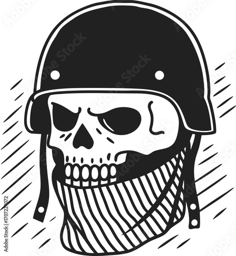 Skull in military helmet and bandana grinning skeleton head in protective gear, graphic tattoo or biker emblem illustration