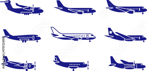 Diverse collection of blue airplanes in a clean, minimalist illustration on white background.