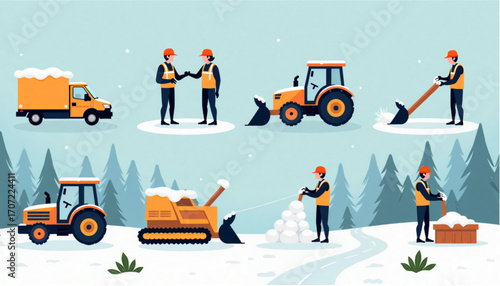 Winter construction and snow removal activities with workers, machinery, and snow-covered landscape