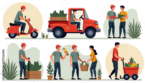 Garden delivery services and plant sales with workers in a cheerful atmosphere and green plants