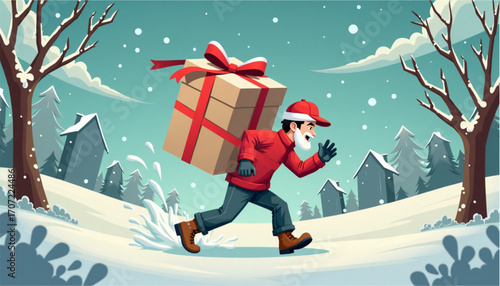 Santa Claus joyfully delivering gifts in a snowy winter landscape with a festive atmosphere