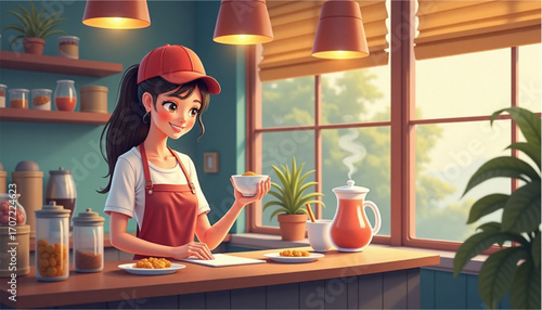 Young woman preparing food in a cozy kitchen with natural light and a warm atmosphere 