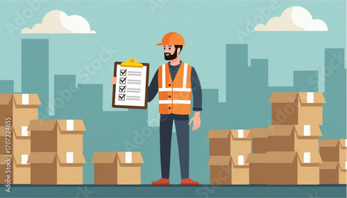 Construction worker reviewing checklists in front of stacked boxes in an urban warehouse setting