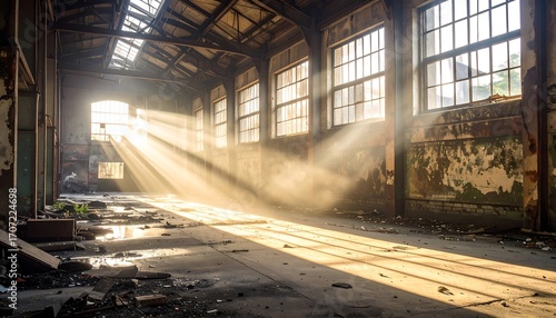 Wallpaper Mural Sunbeams illuminate an abandoned industrial hall Torontodigital.ca