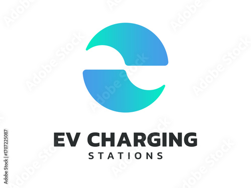 Electric vehicle charging with letter e curved clean energy shapes twisted infinity moving logo vector design concept. Letter e logotype symbol for Electric Car, EV station, ui, website, application.