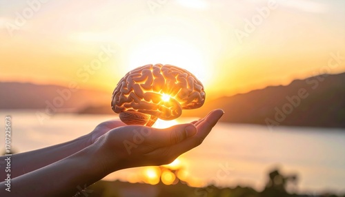 Hands cradle a glowing brain against a soft sunset, symbolizing intellect, potential, and bright ideas against scenic hills and water