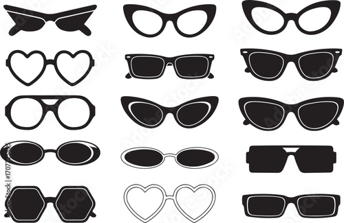 Eyewear Icon Collection, Assorted Sunglasses and Eyeglasses. Vector Pack of Glasses, Retro and Modern Styles. Diverse Sunglasses Graphic Kit, Heart, Cat Eye, and More.Black and White Sunglasses Icons