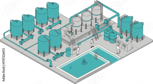 Isometric 3D illustration of modern industrial water treatment plant, engineers monitoring tanks, fluid filtration process, clean water production