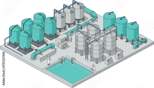 Isometric 3D illustration of modern industrial water treatment plant, engineers monitoring tanks, fluid filtration process, clean water production