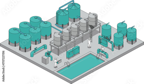 Isometric 3D illustration of modern industrial water treatment plant, engineers monitoring tanks, fluid filtration process, clean water production