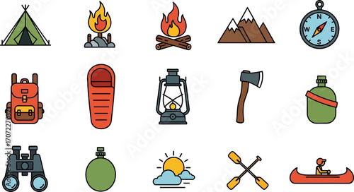 Collection of colorful flat icons representing outdoor adventure and camping gear.