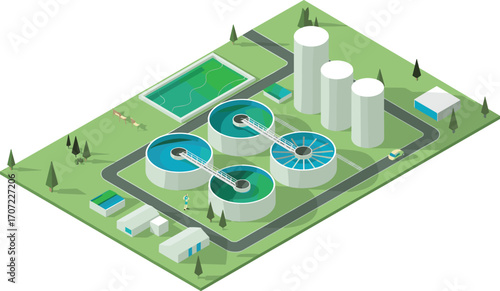 Isometric 3D illustration of modern wastewater treatment plant, clean water purification system, environmental sustainability facility, eco water management