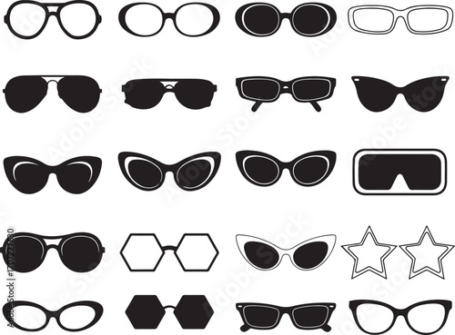 vector set of sunglasses Eyewear Icon Set, Sunglasses and Eyeglasses Collection.

Vector Pack of Glasses, Outline and Solid Icons.

Diverse Sunglasses Shapes, Retro and Modern Styles.