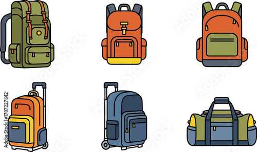 Collection of diverse travel bags and backpacks for adventurous journeys