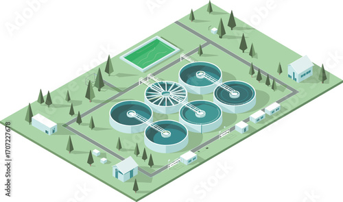 Isometric 3D illustration of modern wastewater treatment plant, clean water purification system, environmental sustainability facility, eco water management