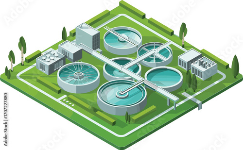Isometric 3D illustration of modern wastewater treatment plant, water purification system, environmental facility, clean energy, sustainable infrastructure
